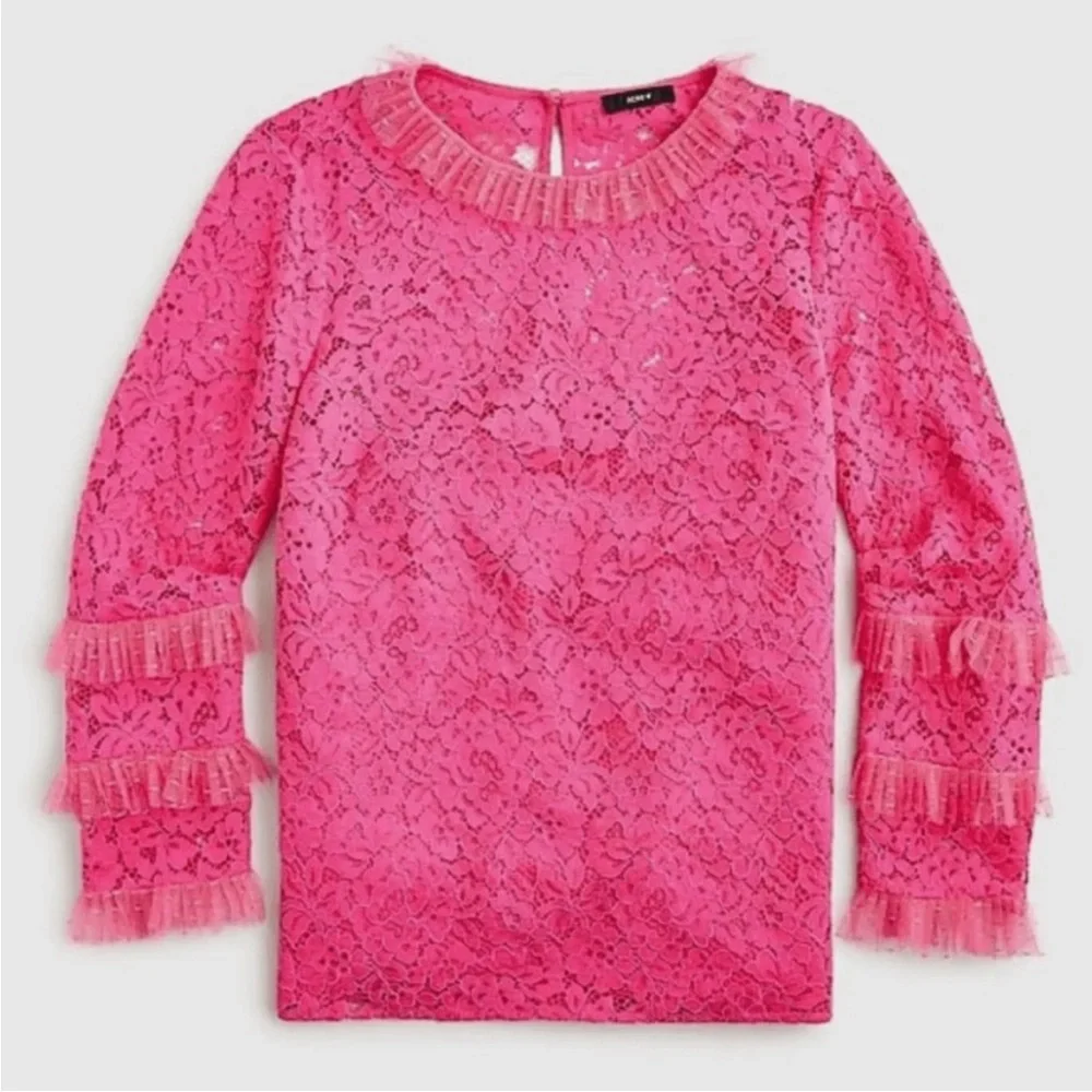 J. Crew Lace Top with Tulle Ruffle Keyhole Button Closure Pink Size XS